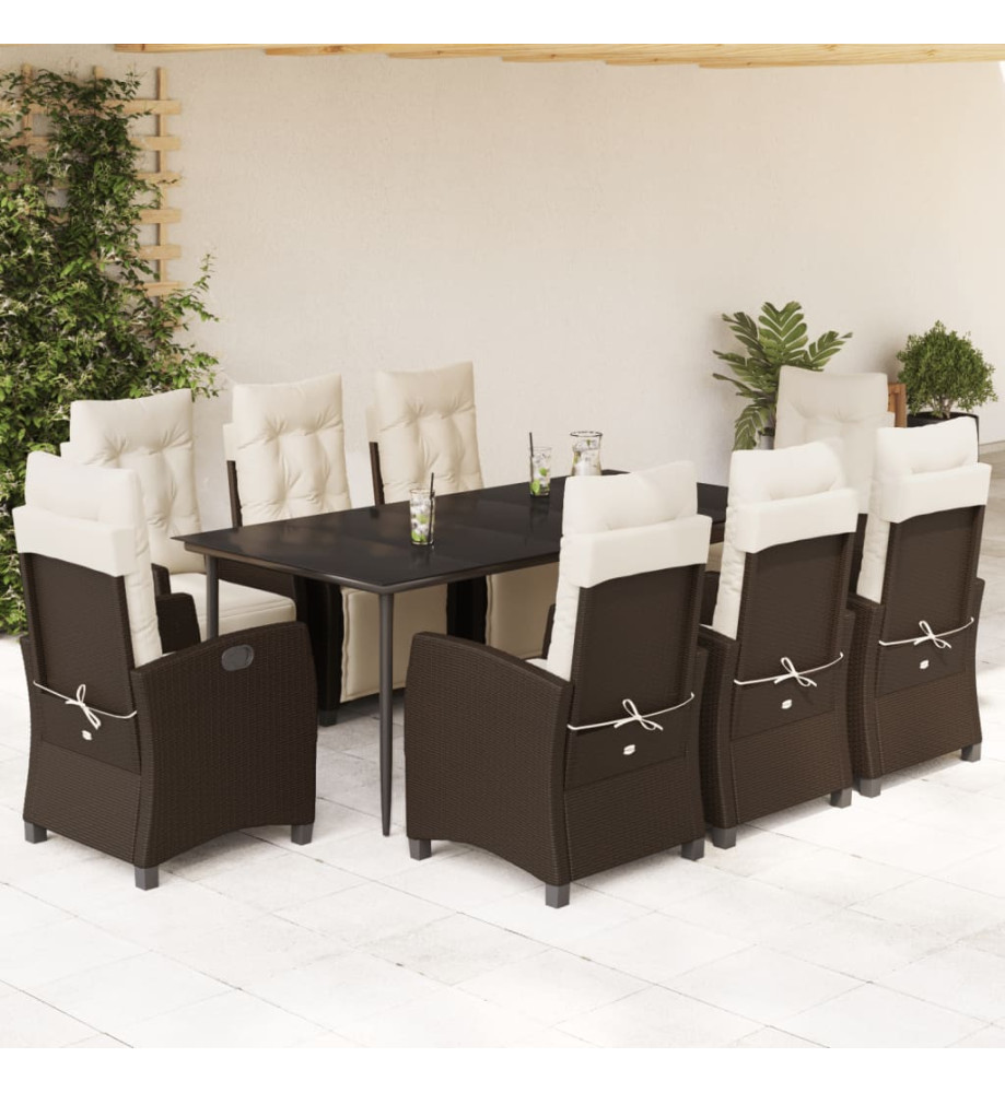 Ensemble à manger de jardin et coussins 9 pcs marron poly rotin Ensemble à manger de jardin et coussins 9 pcs marron poly rotin