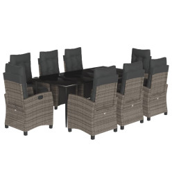 Ensemble à manger de jardin 9 pcs coussins gris résine tressée