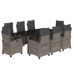 Ensemble à manger de jardin 9 pcs coussins gris résine tressée
