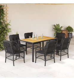 Ensemble à manger de jardin coussins 7pcs Noir Résine tressée