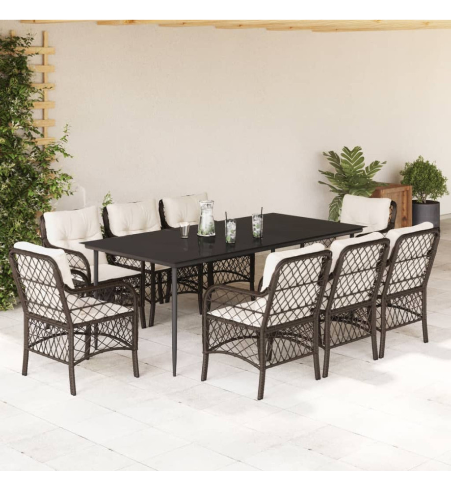 Ensemble à manger de jardin et coussins 9 pcs marron poly rotin Ensemble à manger de jardin et coussins 9 pcs marron poly rotin
