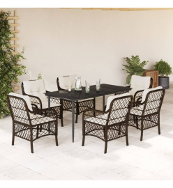 Ensemble à manger de jardin et coussins 7 pcs marron rotin