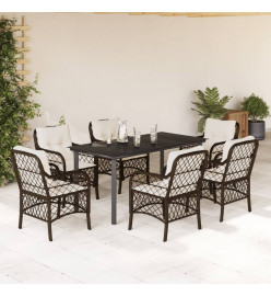 Ensemble à manger de jardin et coussins 7 pcs marron rotin