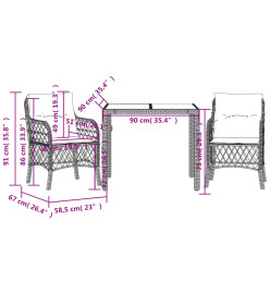 Ensemble de bistro 3 pcs avec coussins gris résine tressée