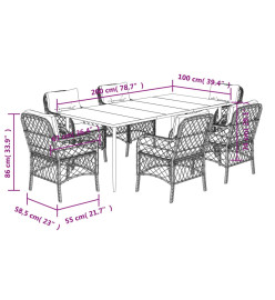 Ensemble à manger de jardin coussins 7pcs Noir Résine tressée
