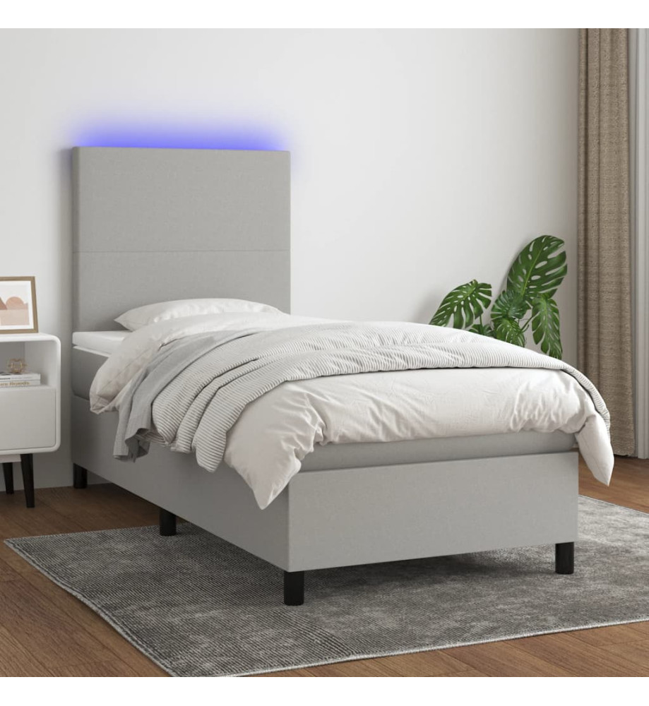 Sommier tapissier matelas et LED Gris clair 100x200 cm Tissu