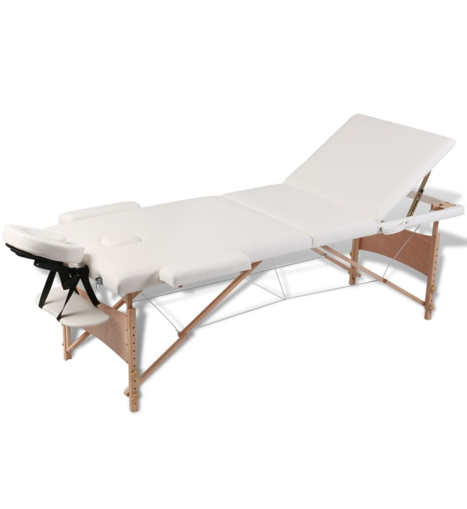 Table de massage pliable Blanc crème 3 zones avec cadre en bois