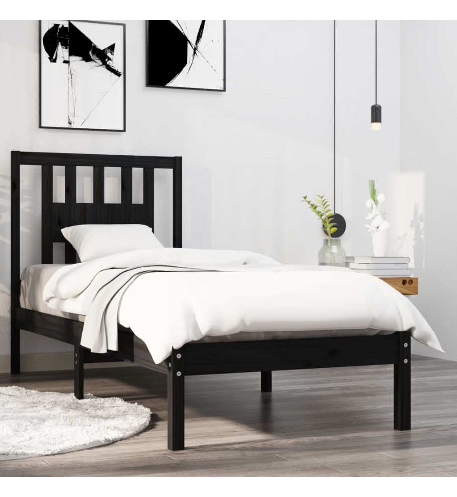 Cadre de lit Noir Bois massif 75x190 cm Petit simple