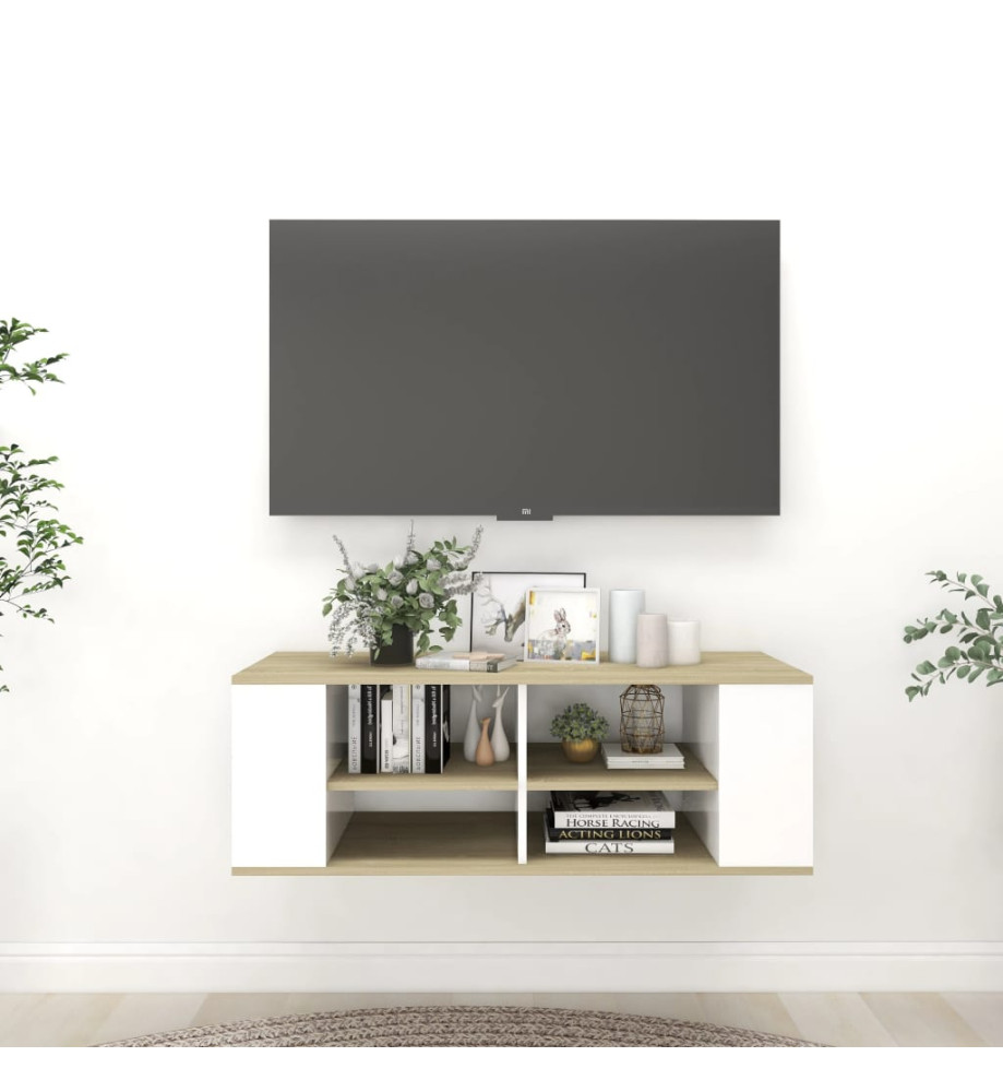 Meuble TV mural Blanc et chêne sonoma 102x35x35 cm Aggloméré