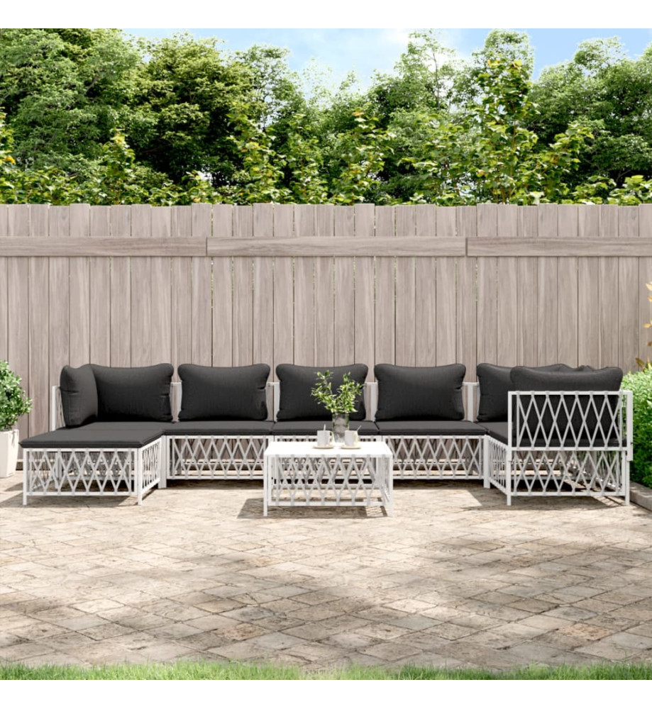 Salon de jardin 8 pcs avec coussins blanc acier