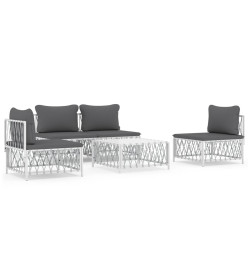 Salon de jardin avec coussins 5 pcs blanc acier