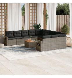 Salon de jardin avec coussins 12 pcs gris résine tressée
