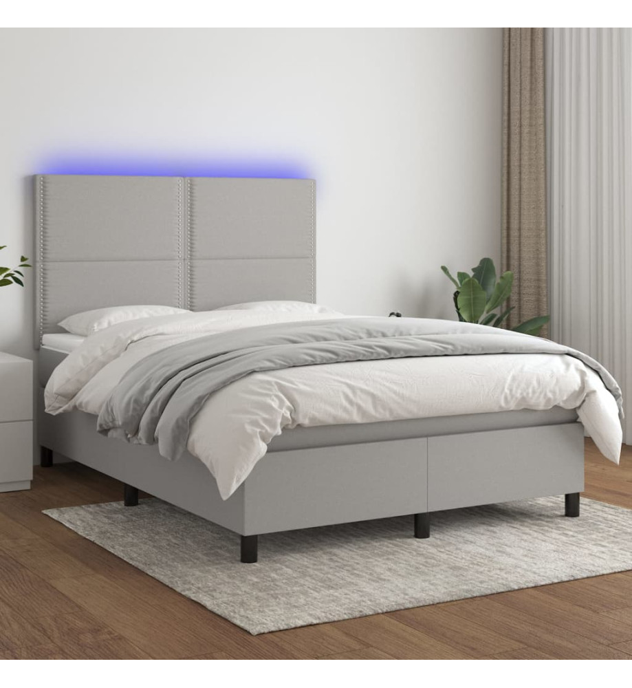 Sommier tapissier et matelas et LED Gris clair 140x190 cm Tissu