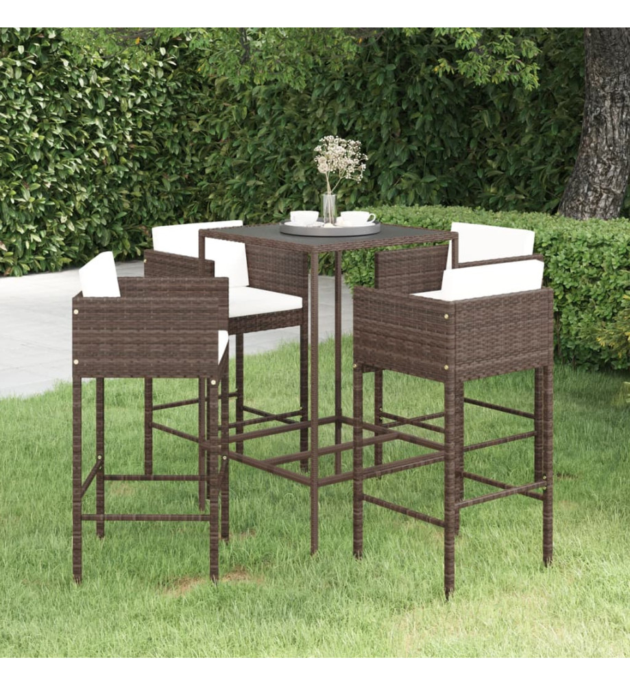 Ensemble bar de jardin 5 pcs et coussins Résine tressée Marron