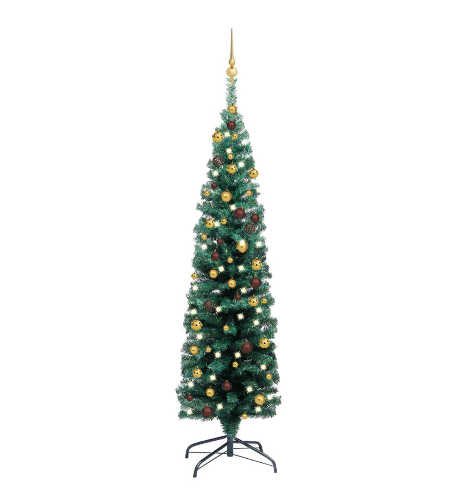 Sapin de Noël artificiel mince et LED et boules Vert 150 cm