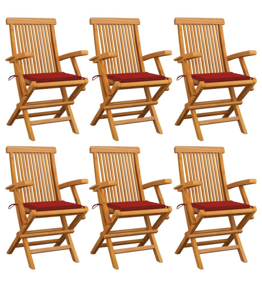 Chaises de jardin avec coussins rouge 6 pcs Bois de teck massif