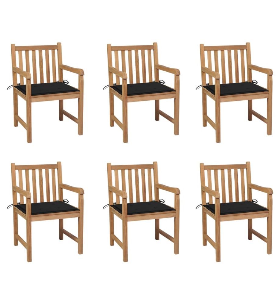 Chaises de jardin 6 pcs avec coussins noir Bois de teck massif