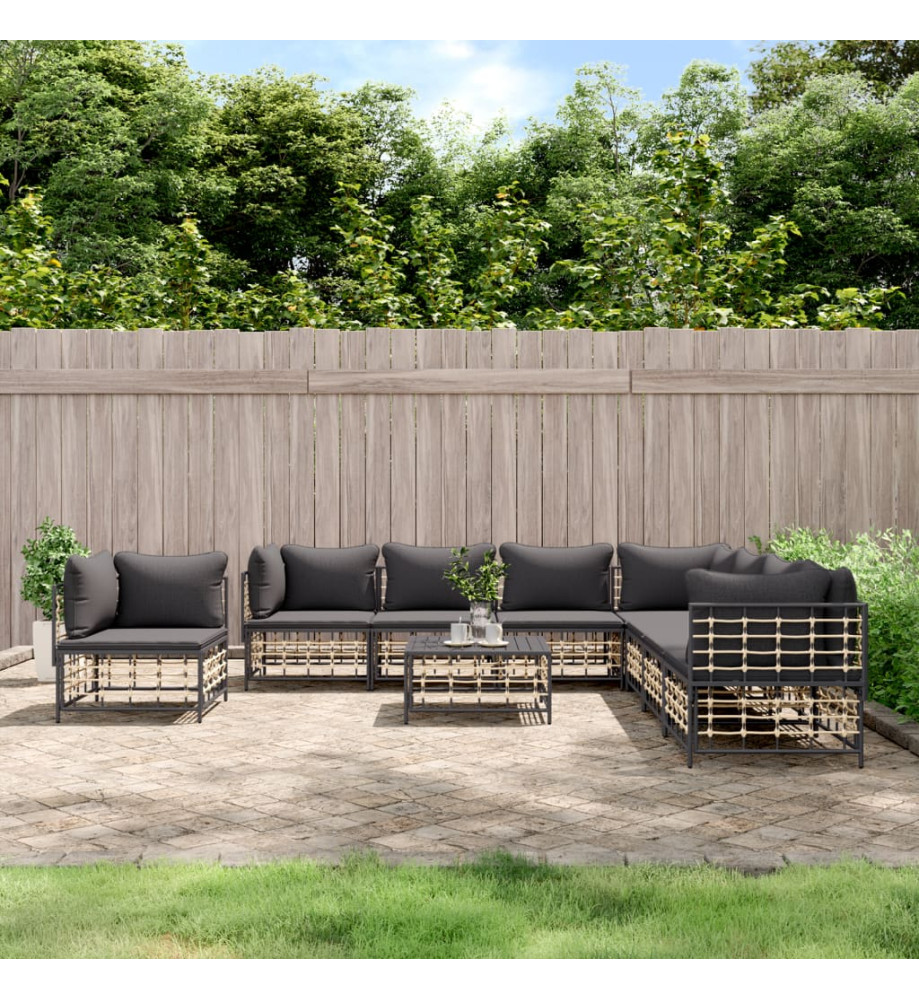 Salon de jardin 9 pcs avec coussins anthracite résine tressée