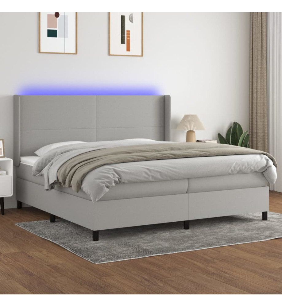 Sommier tapissier matelas et LED Gris clair 200x200 cm Tissu