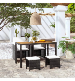 Salon de jardin encastrable 5 pcs Rotin et bois d'acacia Noir