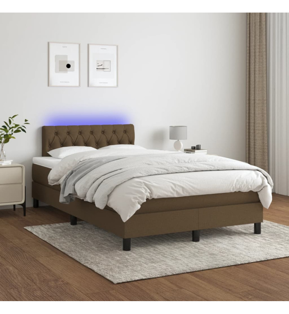 Sommier tapissier matelas et LED Marron foncé 120x200 cm Tissu