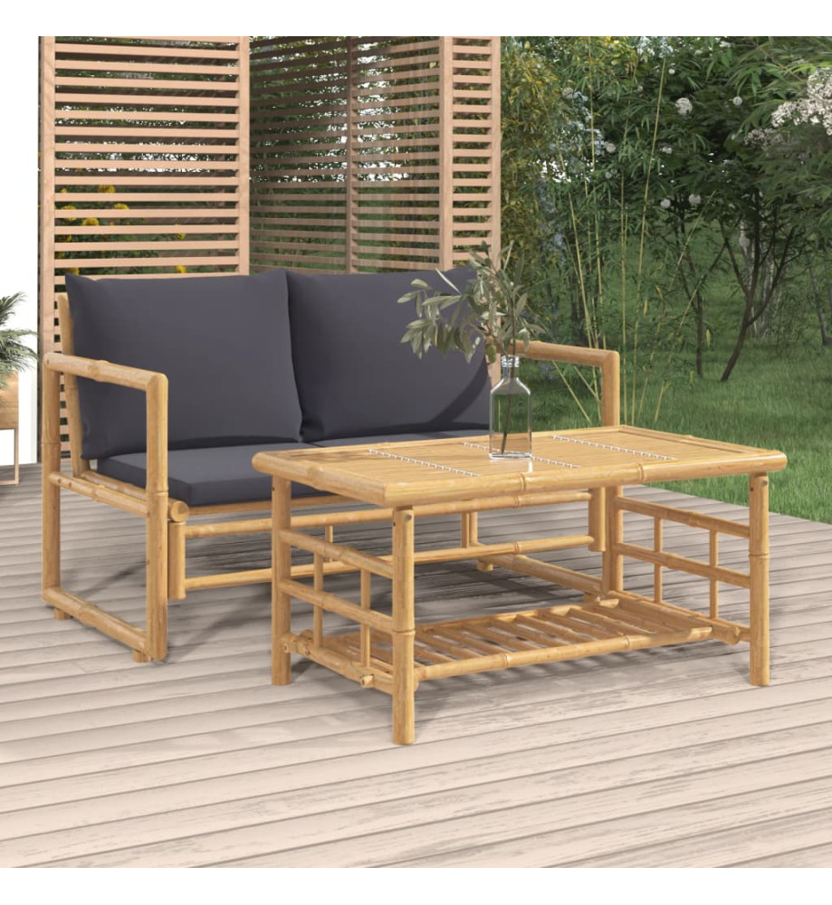 Salon de jardin 2 pcs avec coussins gris foncé bambou