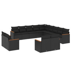 Salon de jardin avec coussins 13 pcs noir résine tressée