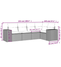 Salon de jardin 5 pcs avec coussins noir résine tressée