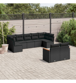 Salon de jardin 9 pcs avec coussins noir résine tressée