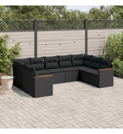 Salon de jardin 9 pcs avec coussins noir résine tressée