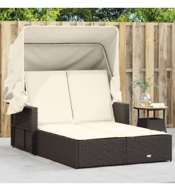 Chaise longue double avec auvent et coussins marron poly rotin