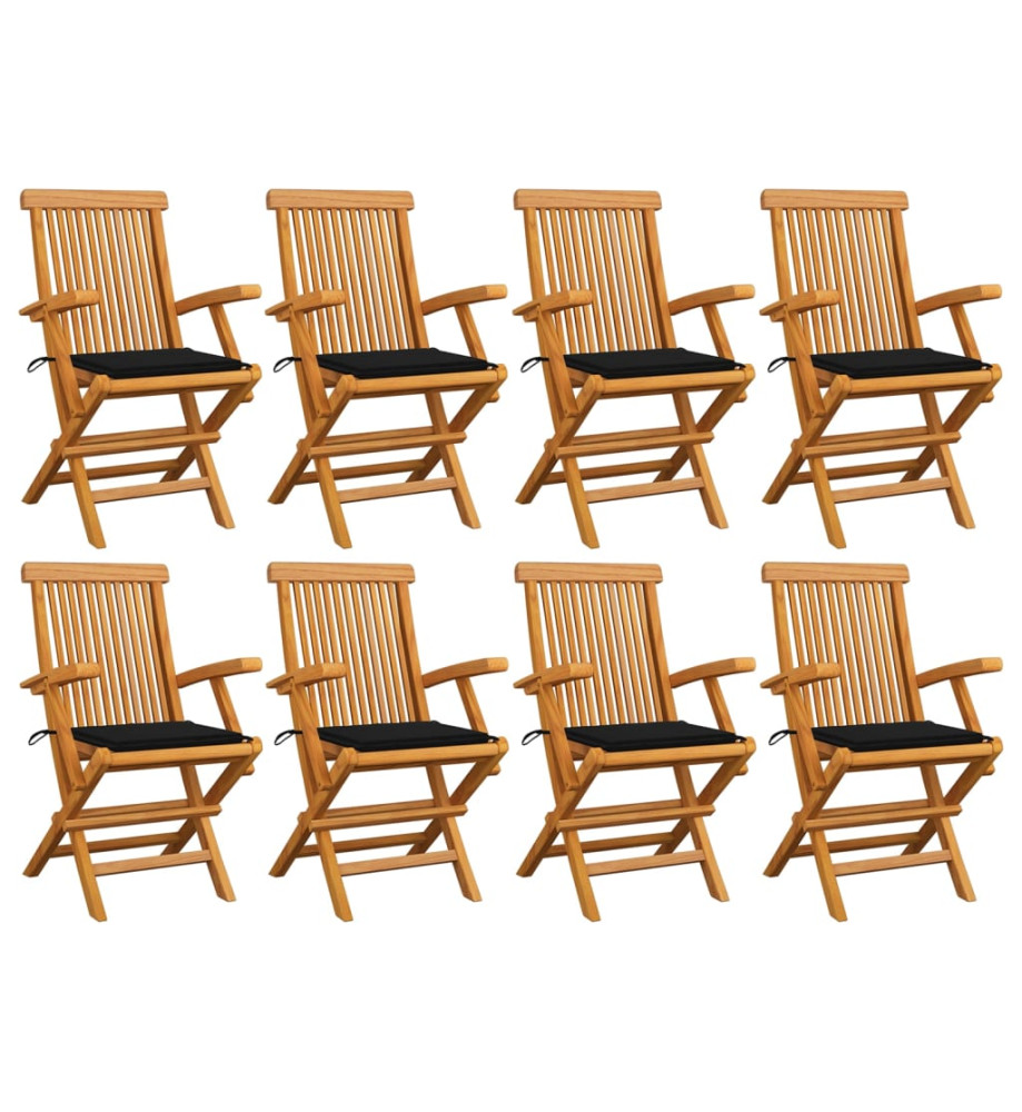 Chaises de jardin avec coussins noir 8 pcs Bois de teck massif