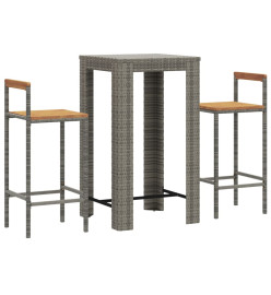 Ensemble de bar jardin 3 pcs gris poly rotin/bois massif acacia