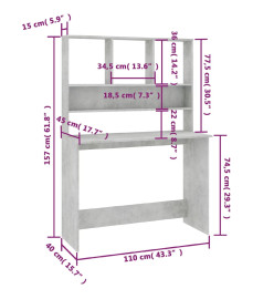 Bureau avec étagères Gris béton 110 x 45 x 157 cm Aggloméré