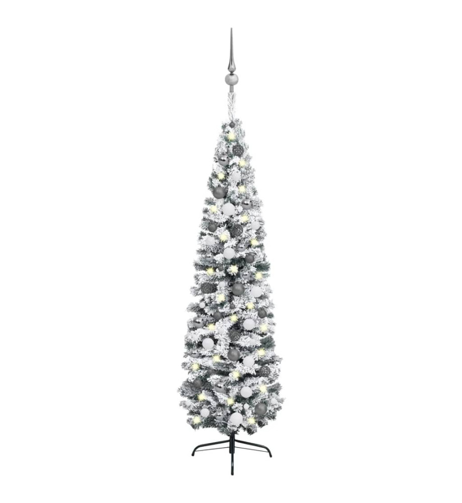 Arbre de Noël artificiel mince avec LED et boules Vert 210 cm