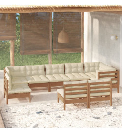 Salon de jardin 9 pcs avec coussins Marron miel Bois de pin