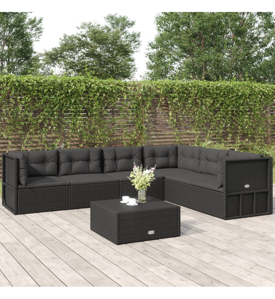 Salon de jardin 6 pcs avec coussins Noir Résine tressée