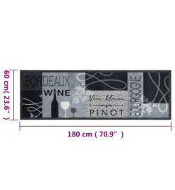 Tapis de cuisine lavable imprimé Wine gris 60x180 cm velours