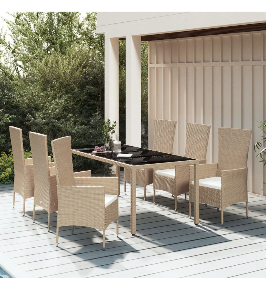 Ensemble à dîner de jardin avec coussins 7 pcs beige poly rotin