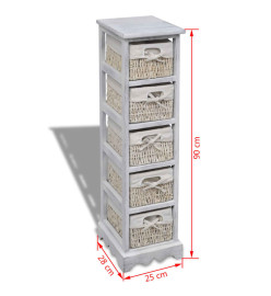 Étagère de rangement en bois 5 paniers en tissage Blanc