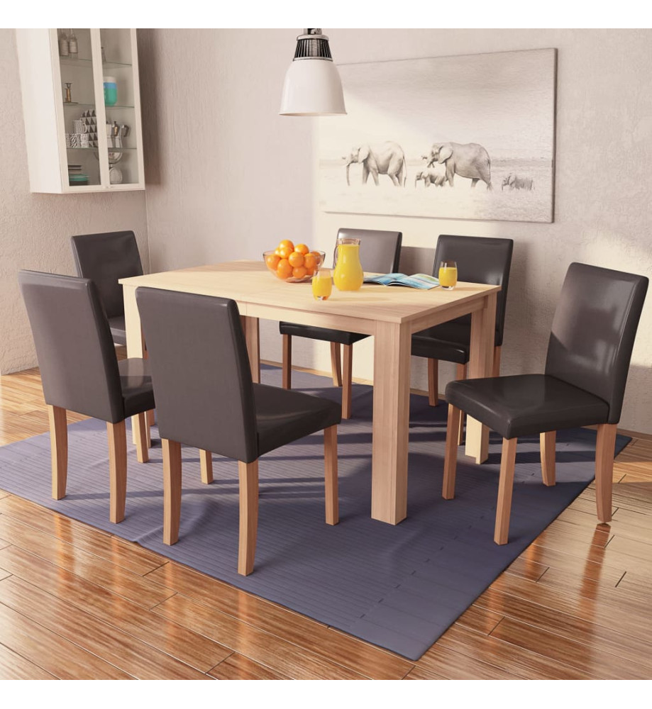 Table et chaises 7 pcs Cuir synthétique Chêne Marron