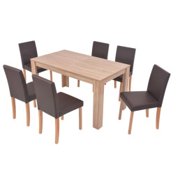 Table et chaises 7 pcs Cuir synthétique Chêne Marron