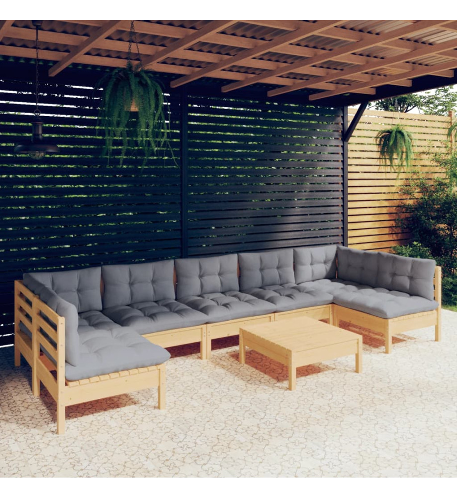 Salon de jardin 8 pcs avec coussins gris Bois de pin massif