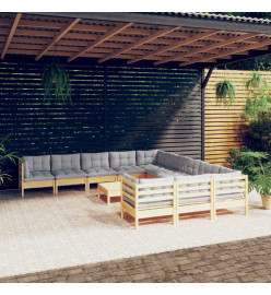 Salon de jardin 12 pcs avec coussins gris Bois de pin