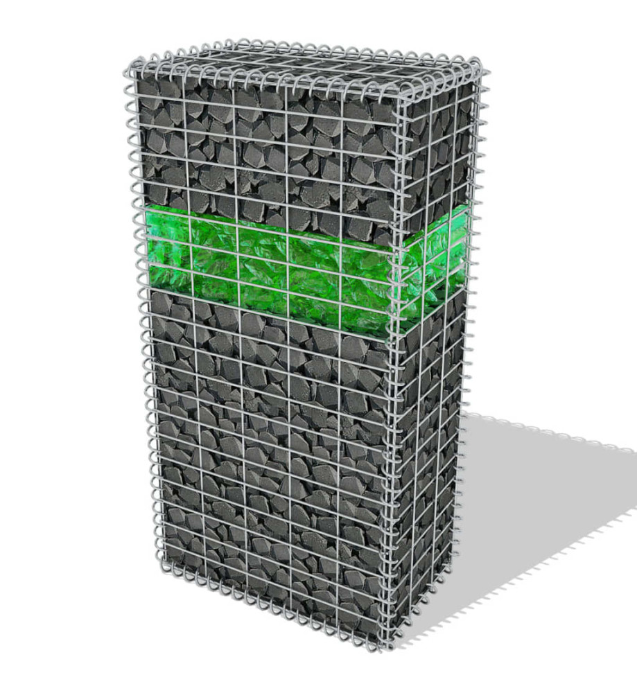 Mur de gabion avec pierres de verre et lampe LED 50x30x100 cm