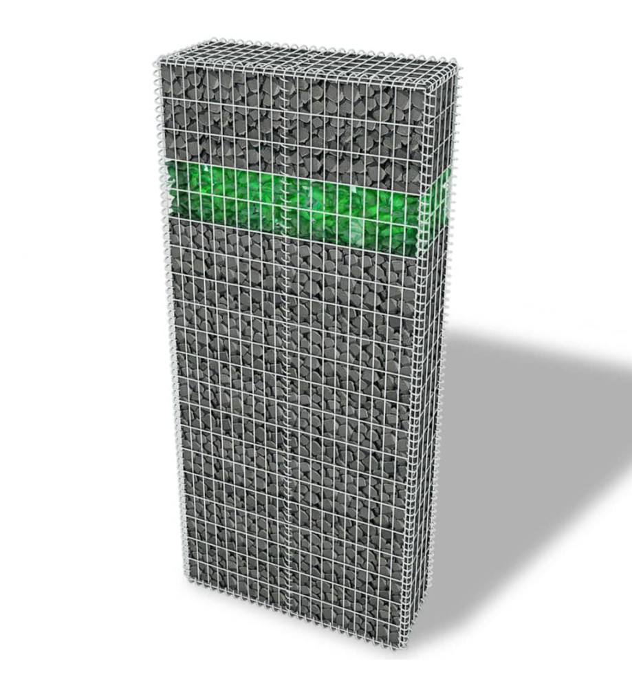 Mur de gabion avec pierres de verre et lampe LED 85x30x200 cm