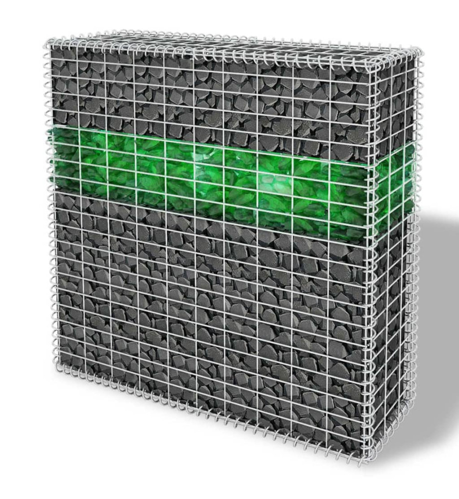 Mur de gabion avec pierres de verre et lampe LED 100x30x100 cm