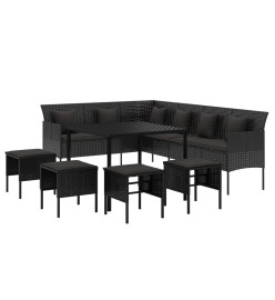 Ensemble à dîner de jardin et coussins 6pcs noir résine tressée