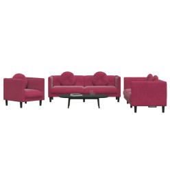 Ensemble de canapés 3 pcs avec coussins rouge bordeaux velours