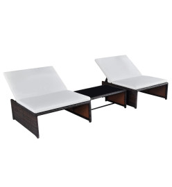 Chaises longues 2 pcs avec table Résine tressée Marron